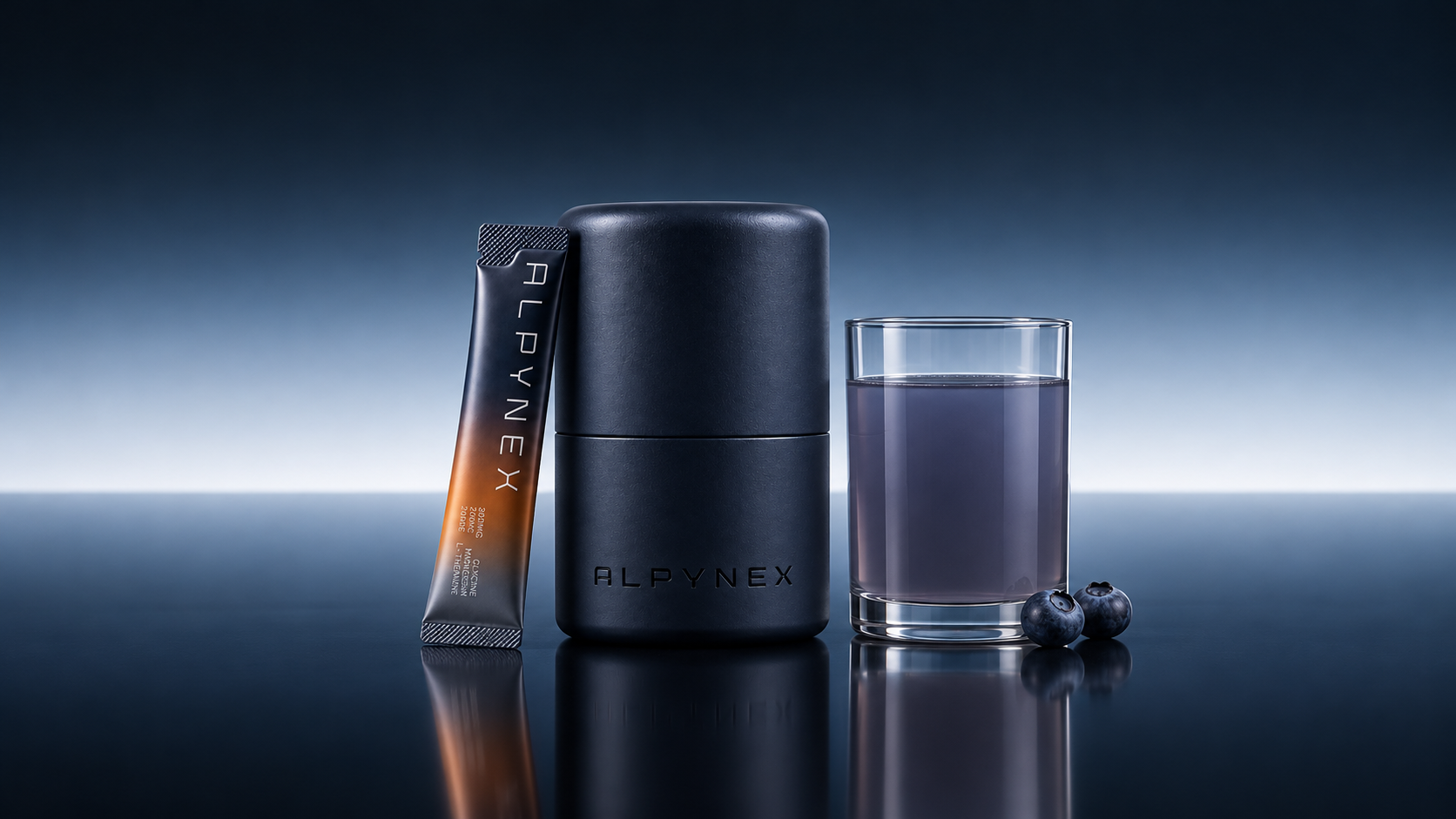 ALPYNEX tin and single-serve stick beside a glass of Midnight Blueberry, against a blue evening horizon
