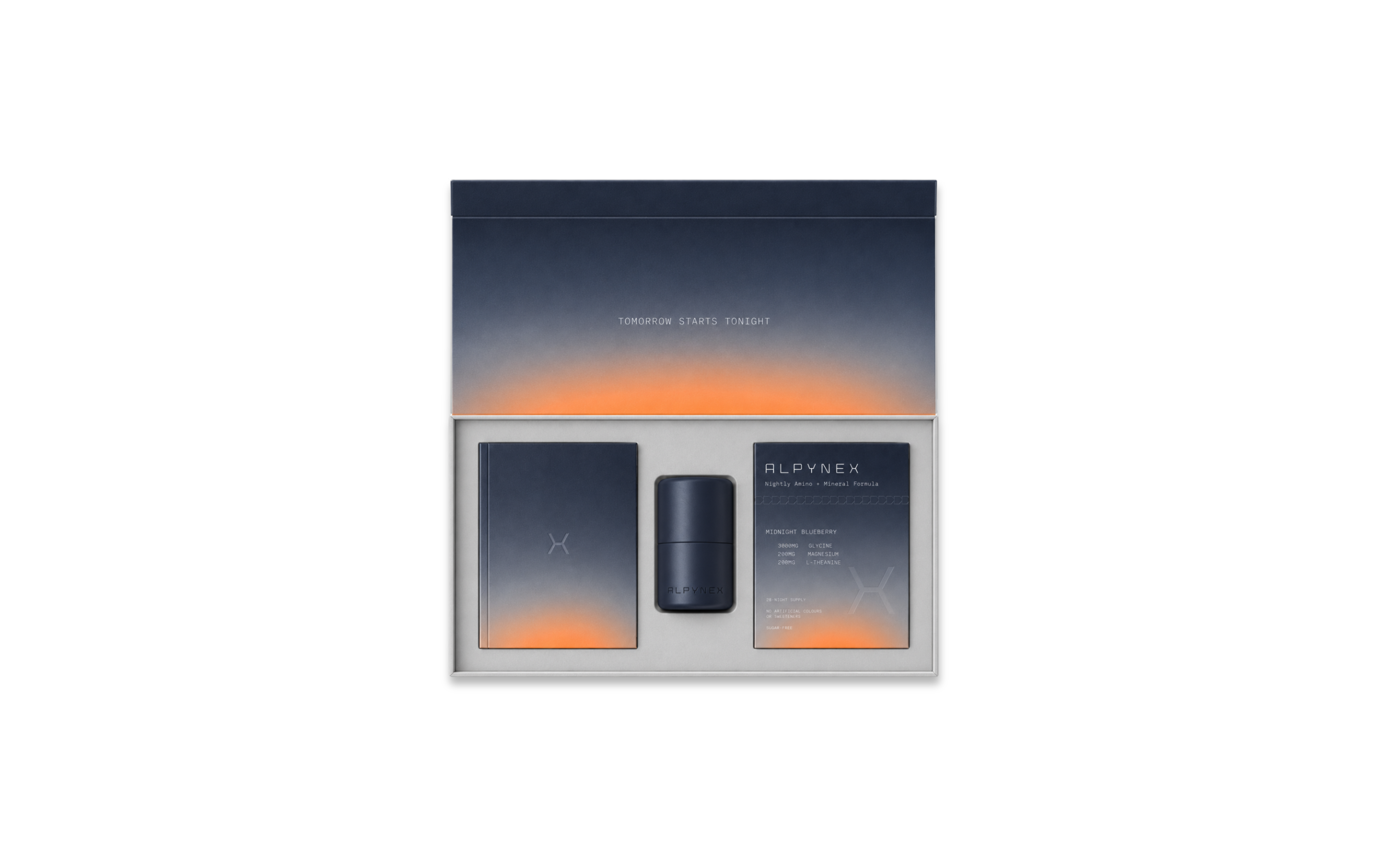 Open ALPYNEX starter kit with brand book, aluminium tin and Midnight Blueberry refill