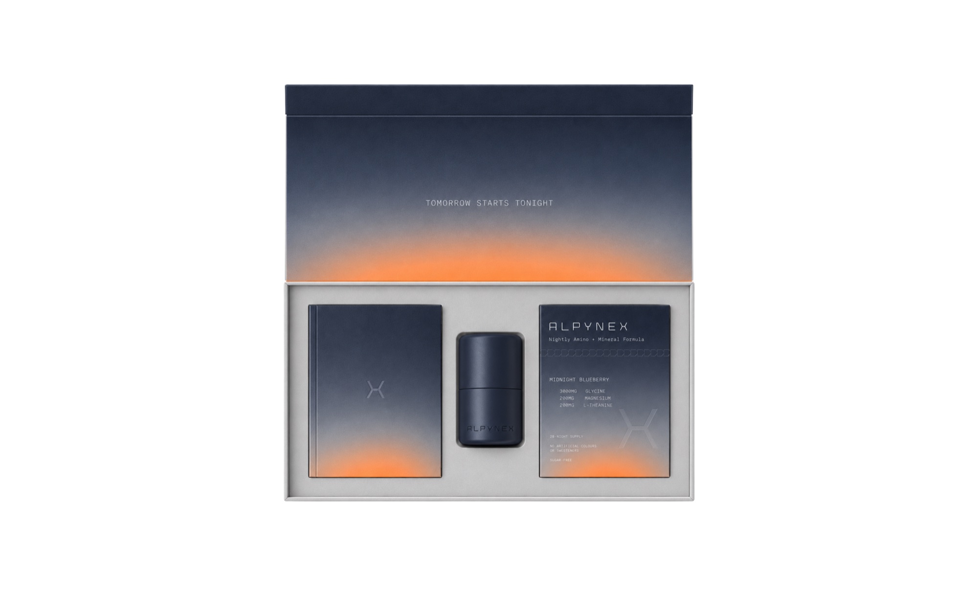 Open ALPYNEX starter kit with brand book, aluminium tin and Midnight Blueberry refill